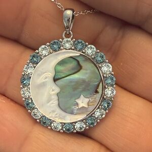 Sterling Silver Mother of Pearl Abalone Moon Pendant Necklace